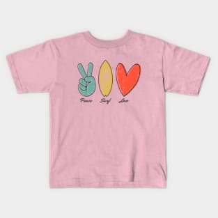 Peace, Surf, Love, finger peace sign, surfboard, Heart Ribbon Kids T-Shirt